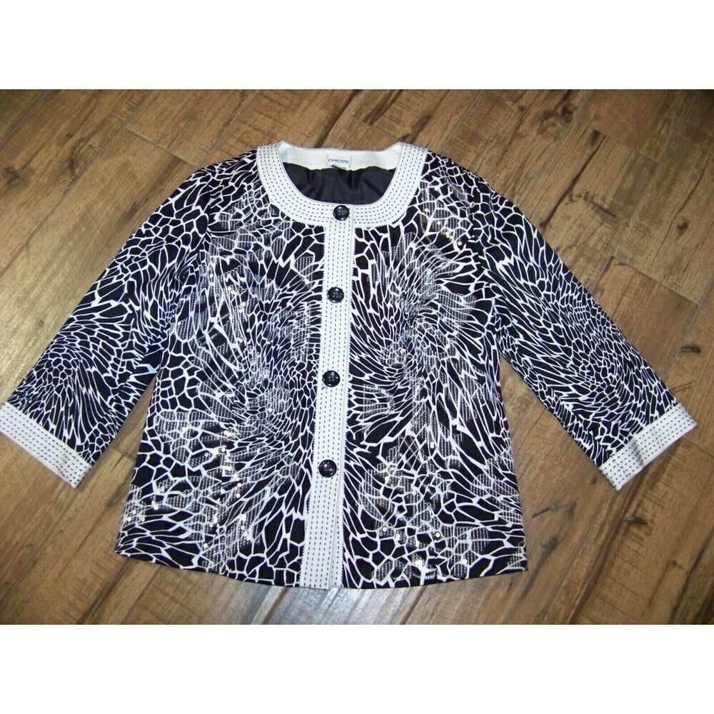 Chico's Embellished Black and White Blazer - Size 2 (12) Women